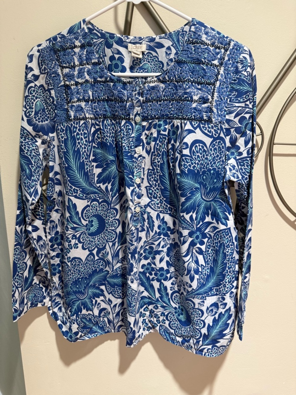J. Crew Blue & White Floral Smocked Yoke Women's Blouse Size S